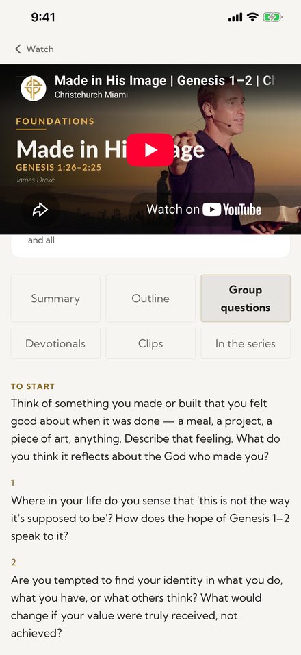 This week's small-group questions in the Christchurch Miami app